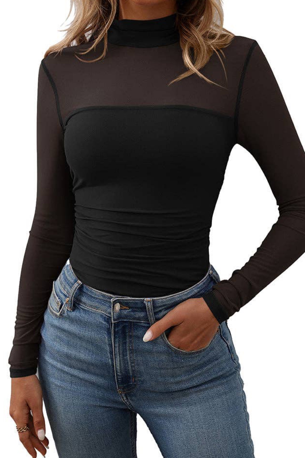 Claire Cowl Neck Sheer Mesh Top | Black