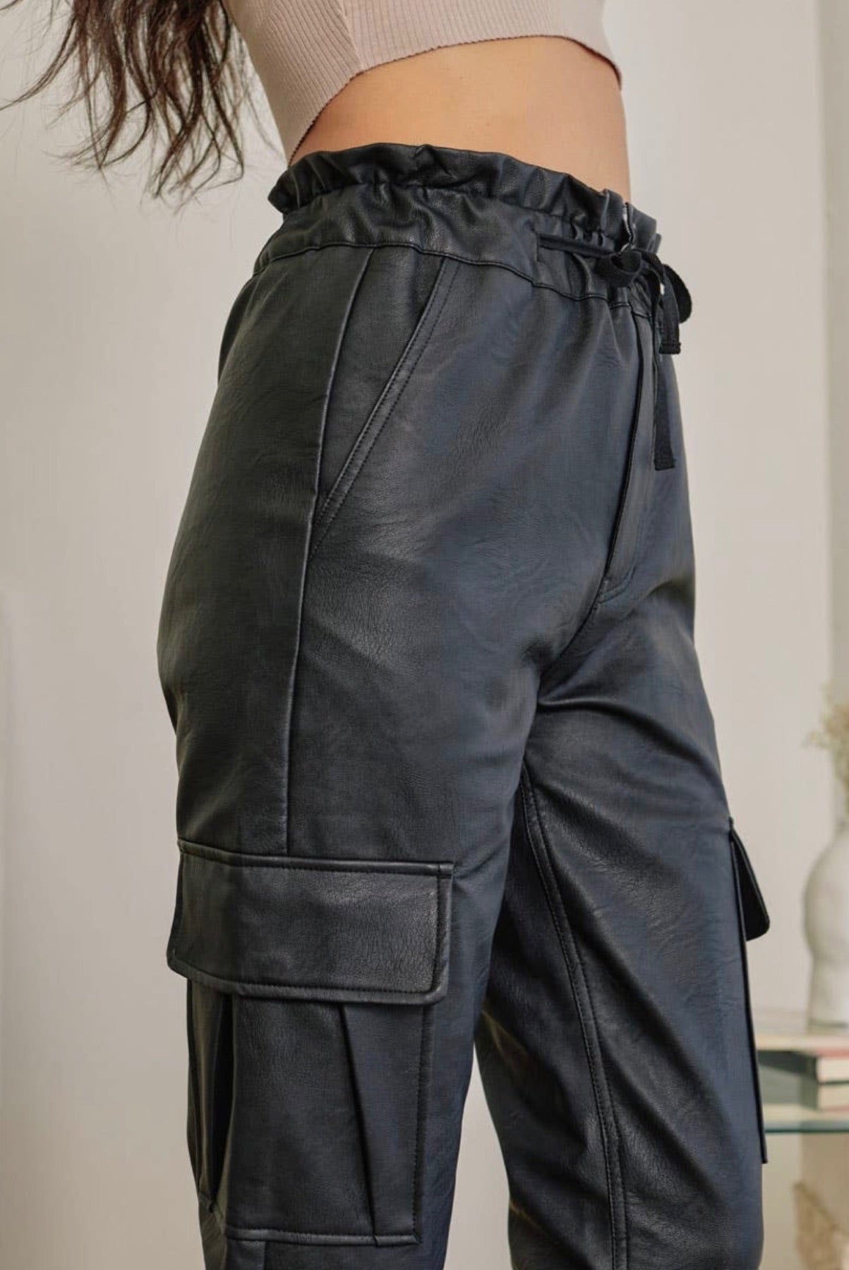 Black faux leather elasticated cargo online joggers